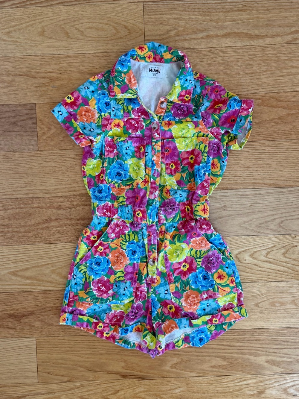 Show Me Your Mumu Cannon Romper Bright Floral Soiree Denim Short Sleeve XS